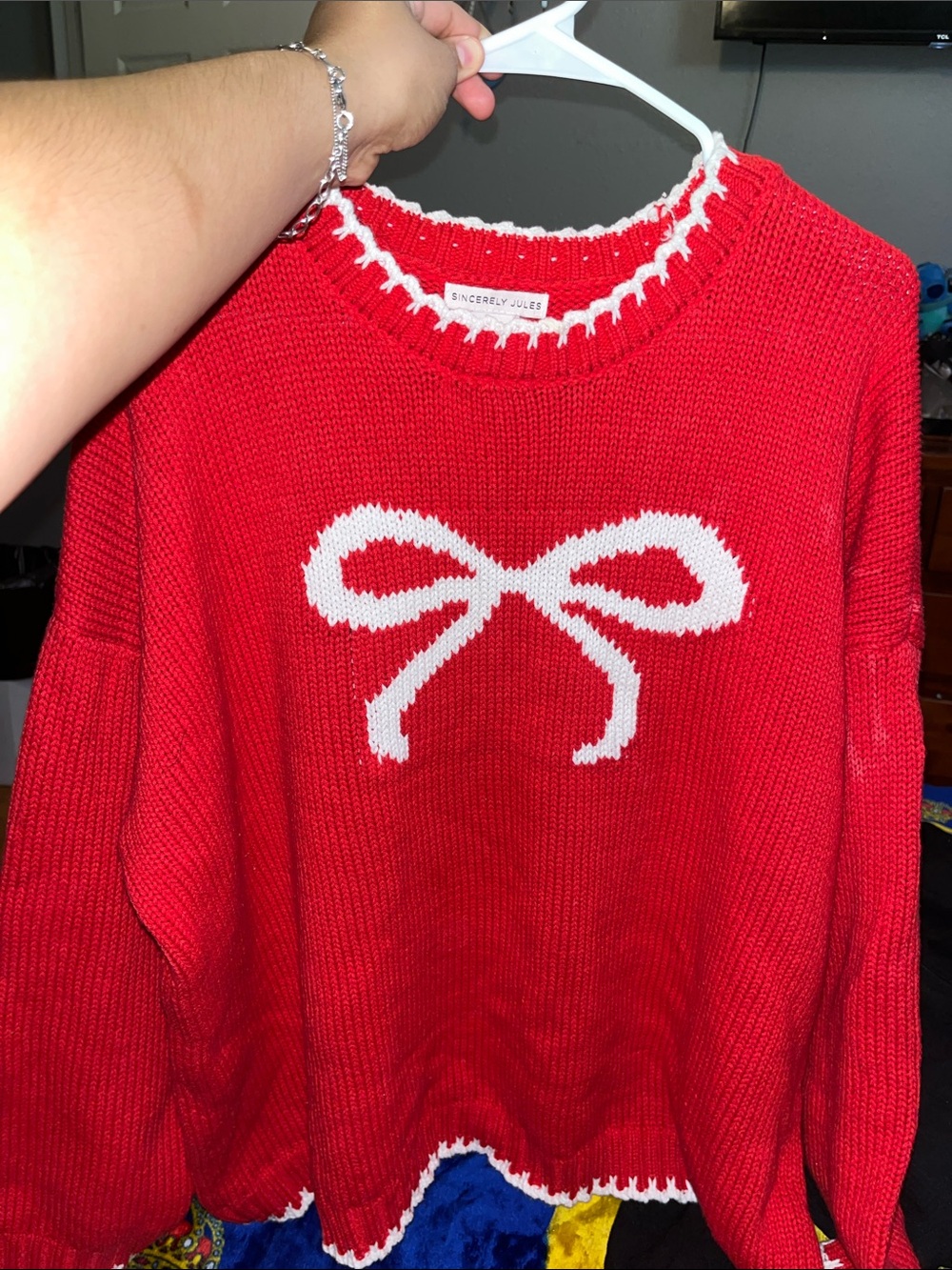 Sincerly Jules Red Knit Crewneck Sweater with White Bow